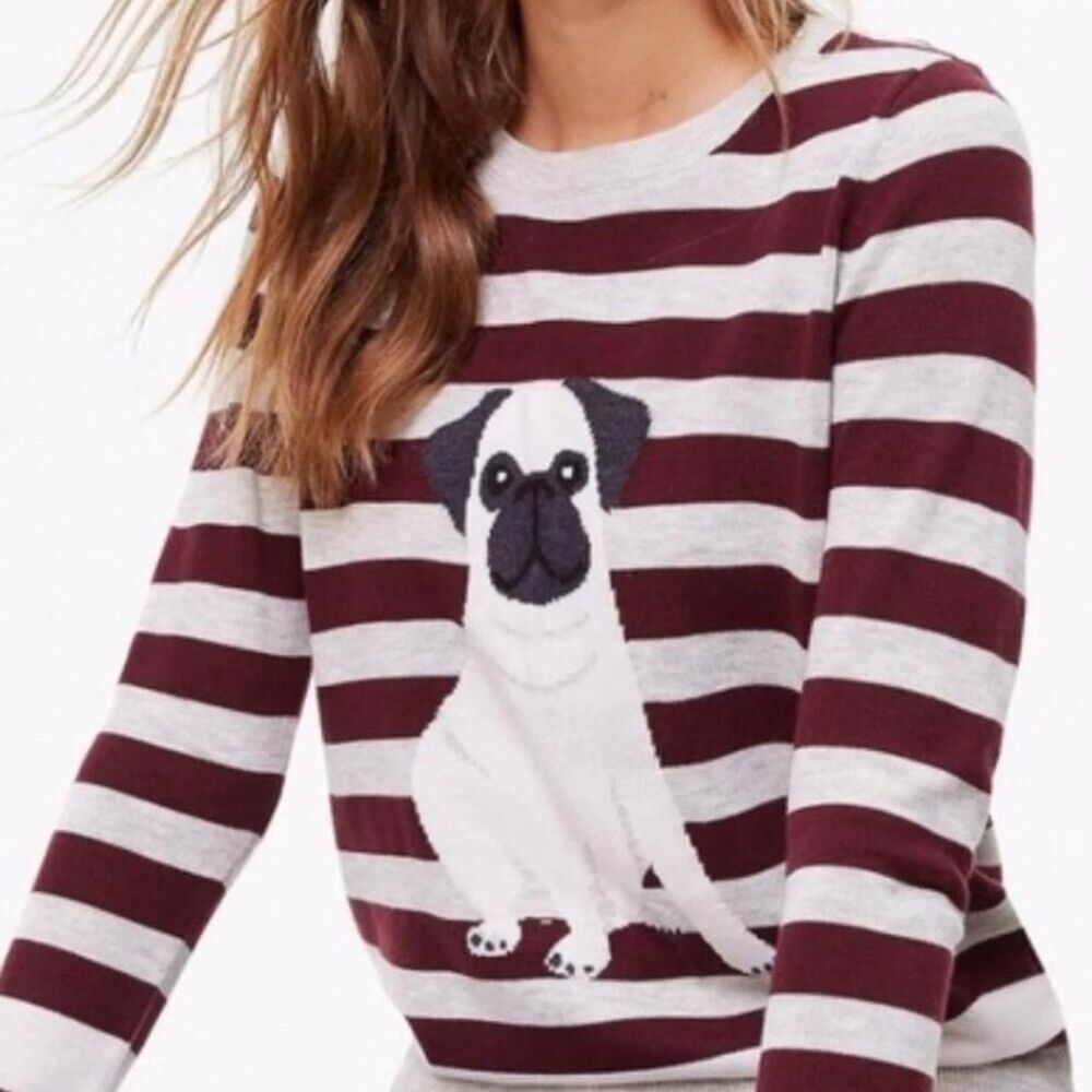 LOFT burgundy and white striped pug sweater with white pug graphic